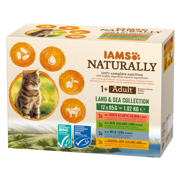 48x85g IAMS Naturally Adult terre & mer - Pâtée pour chat