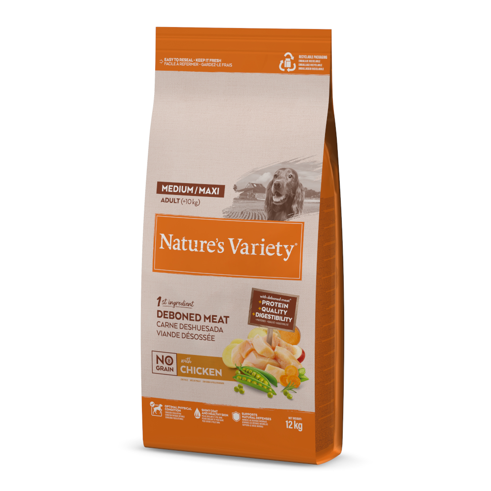 2x12kg Nature's Variety No Grain Medium/Maxi Adult poulet élevé en plein air - Croquettes pour chien