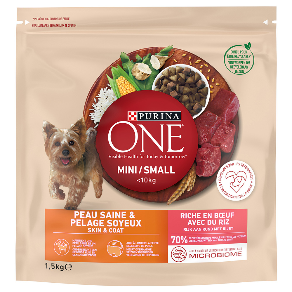 Lot PURINA ONE pour chien - Mini Peau Saine & Pelage Soyeux bœuf (2 x 1