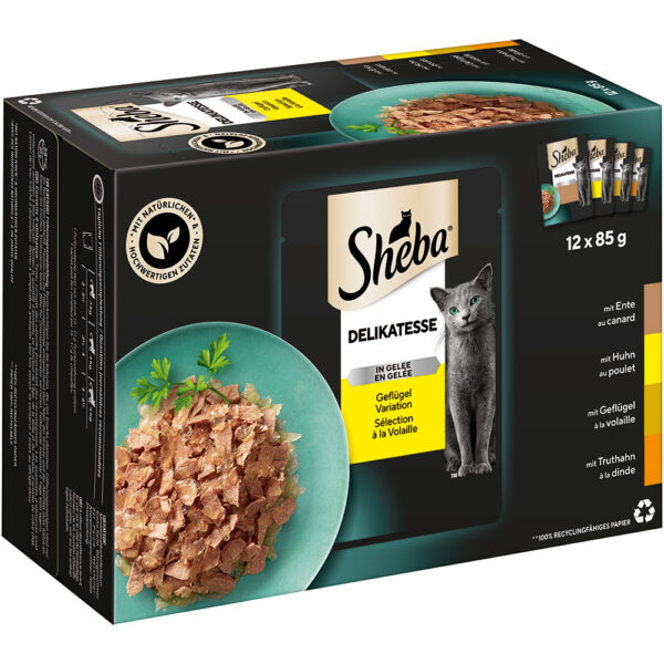 96x85g Délicatesse en gelée : variations de volaille Sheba - Nourriture pour Chat